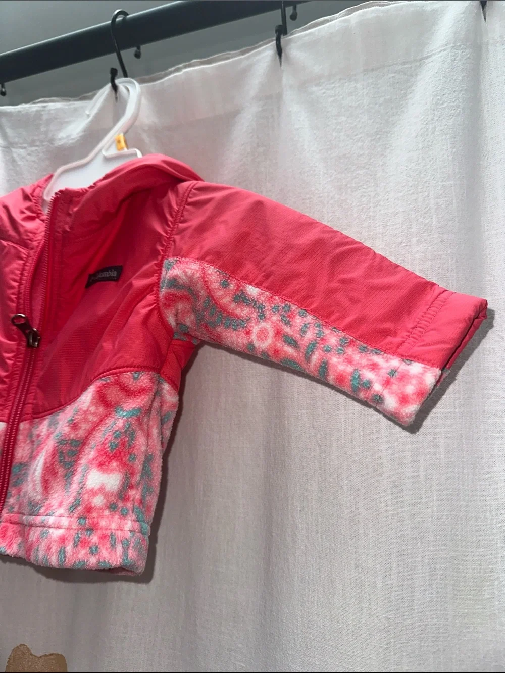 Columbia Pink Hooded Puffer Jacket with Patterned Panels